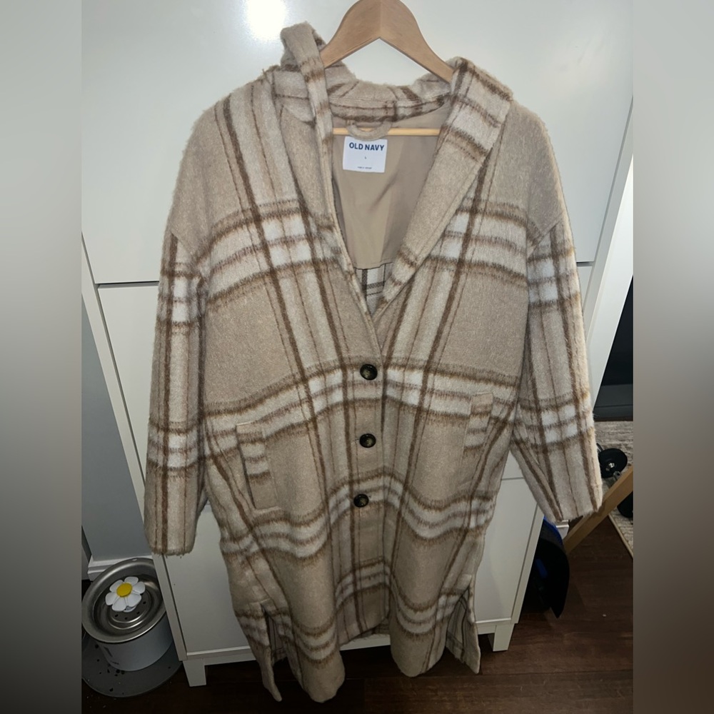 Old Navy Plaid Soft-Brushed Overcoat - Cream - Size L